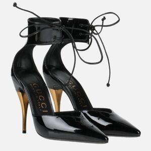 Gucci Black Patent Leather Heels with Ankle Tie - FITS PERFECT LIKE US SIZE 10